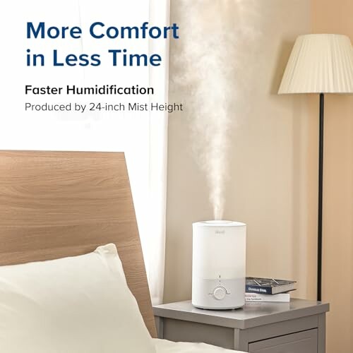 Humidifier on nightstand next to bed and lamp.