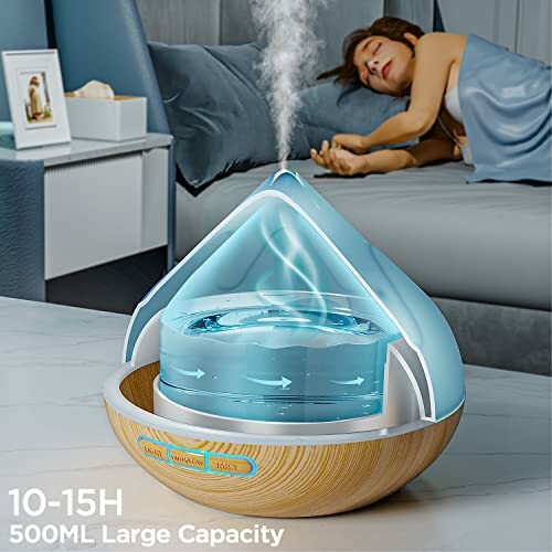 Humidifier emitting vapor next to a sleeping woman.