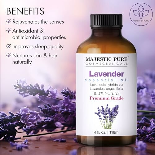 Bottle of lavender essential oil with benefits listed.