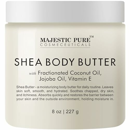 Majestic Pure Shea Body Butter jar with ingredients listed.
