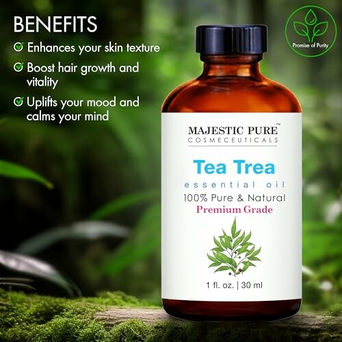 Majestic Pure Tea Tree Essential Oil bottle with benefits listed.