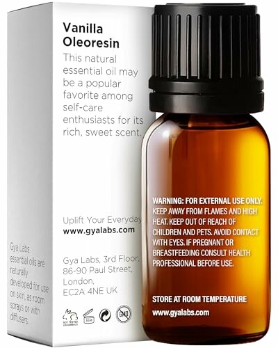 Vanilla Oleoresin essential oil bottle with warning label.